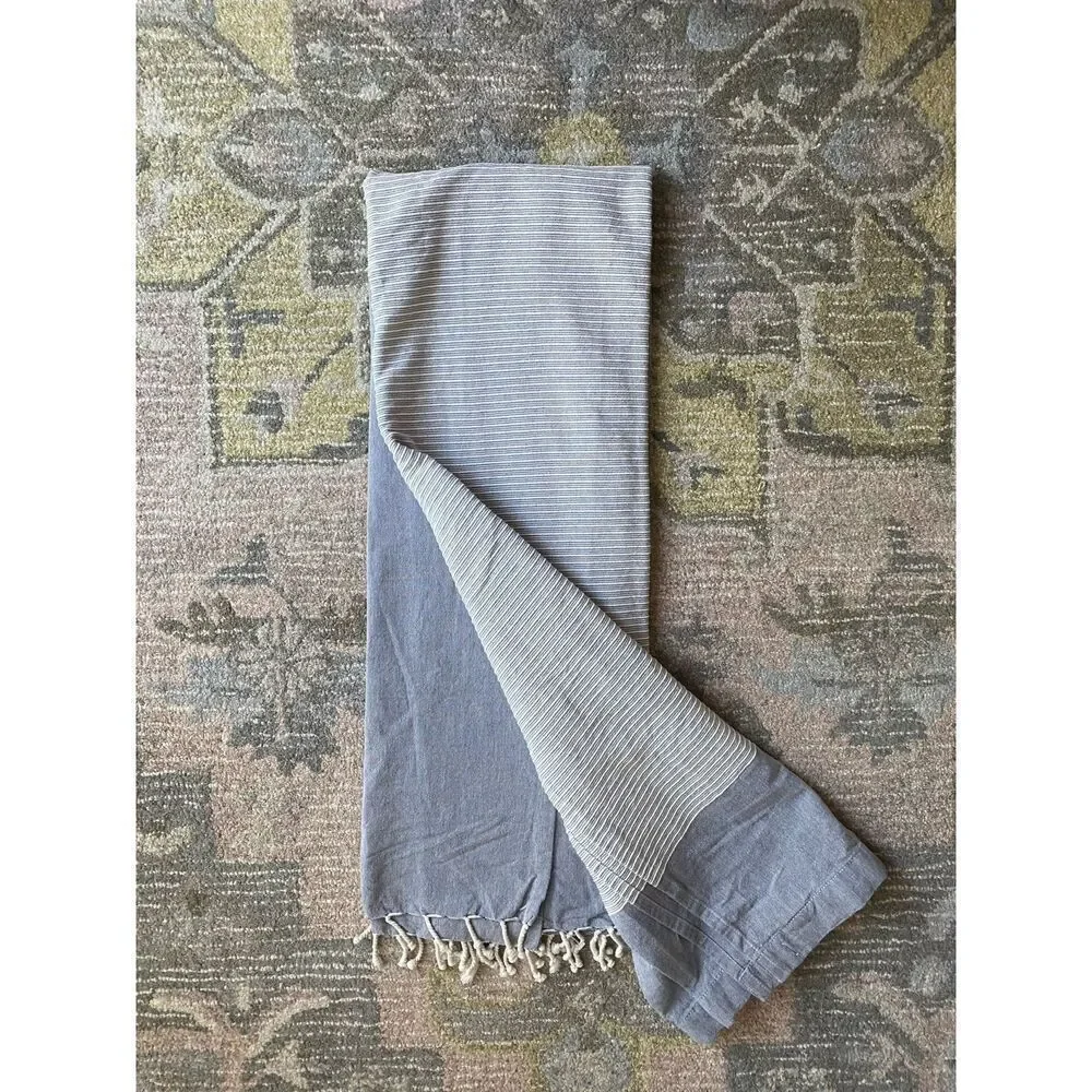 Threshold Half Striped Blue Denim Tassel Bottom Bath Shower Curtain